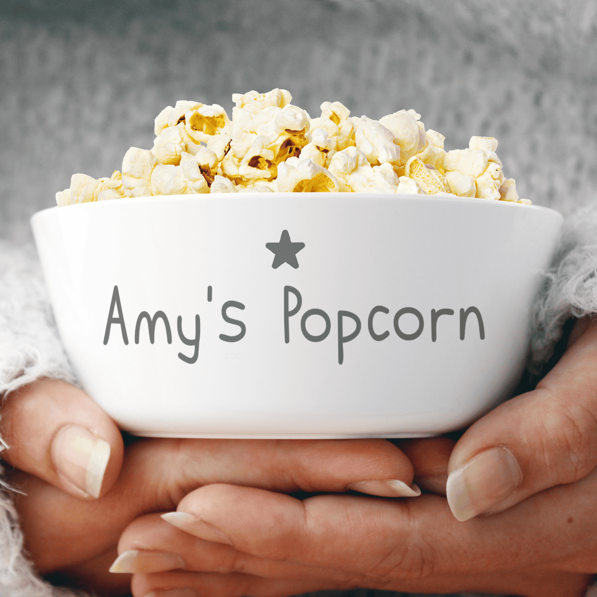 personalised plastic snack bowl with any message personalised on the side below a little grey star