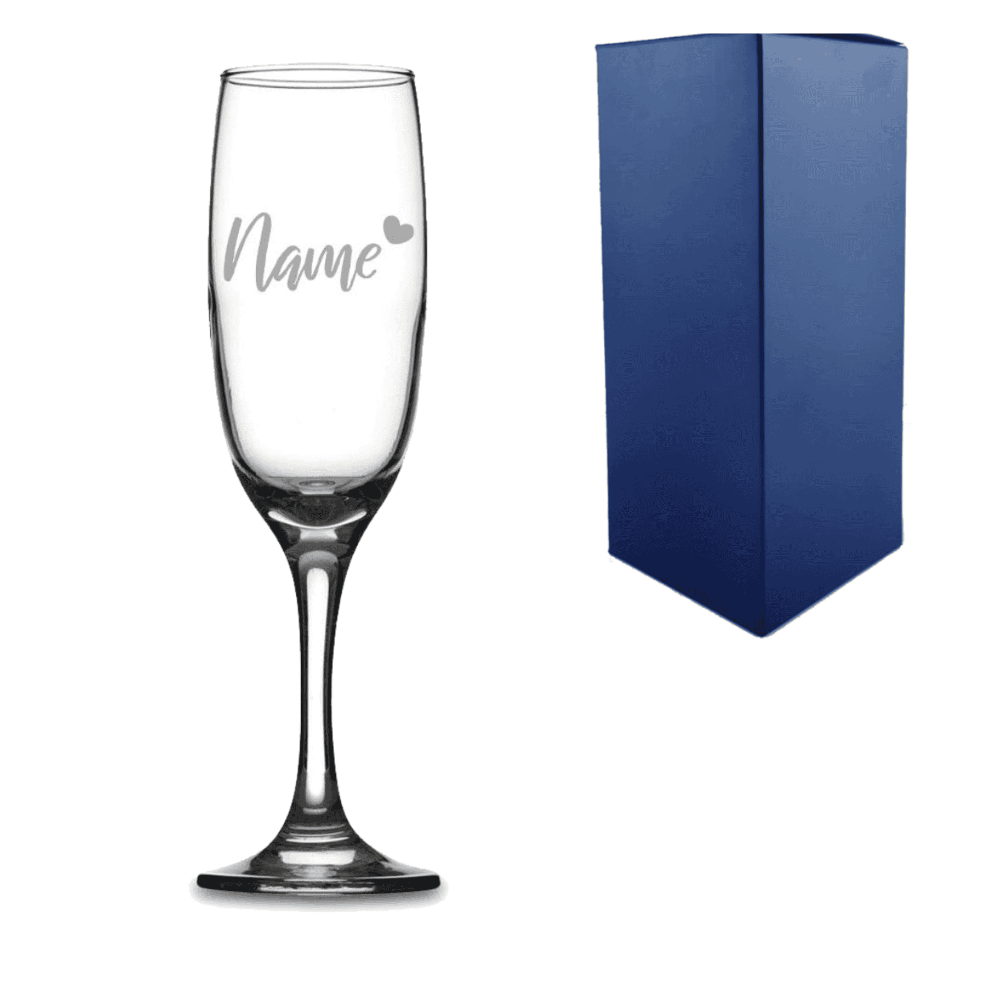 engraved champagne flute with name and heart design