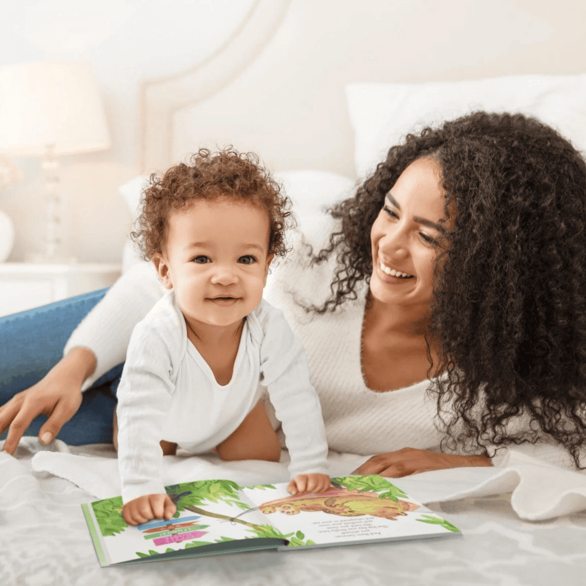 woman and child reading the personalised new cutie in town story together