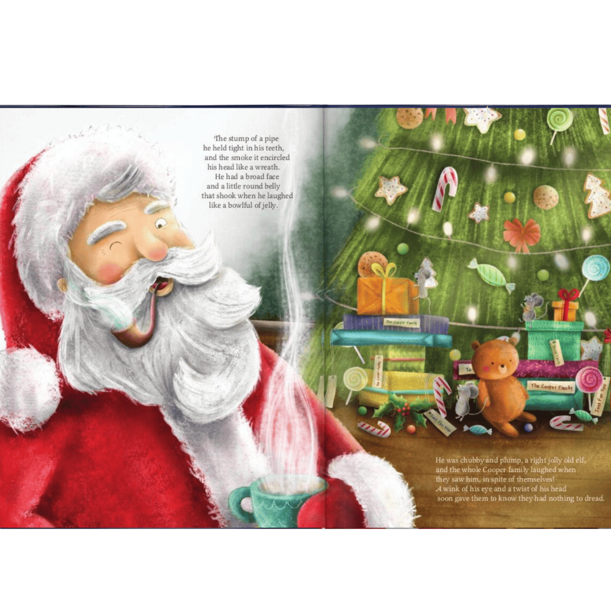 personalised night before christmas family book showing the illustrations inside the book with the personalisation