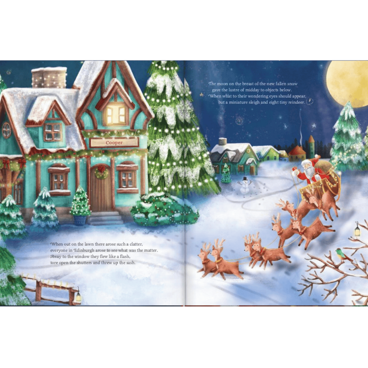 personalised night before christmas family book showing the illustrations inside the book with the personalisation