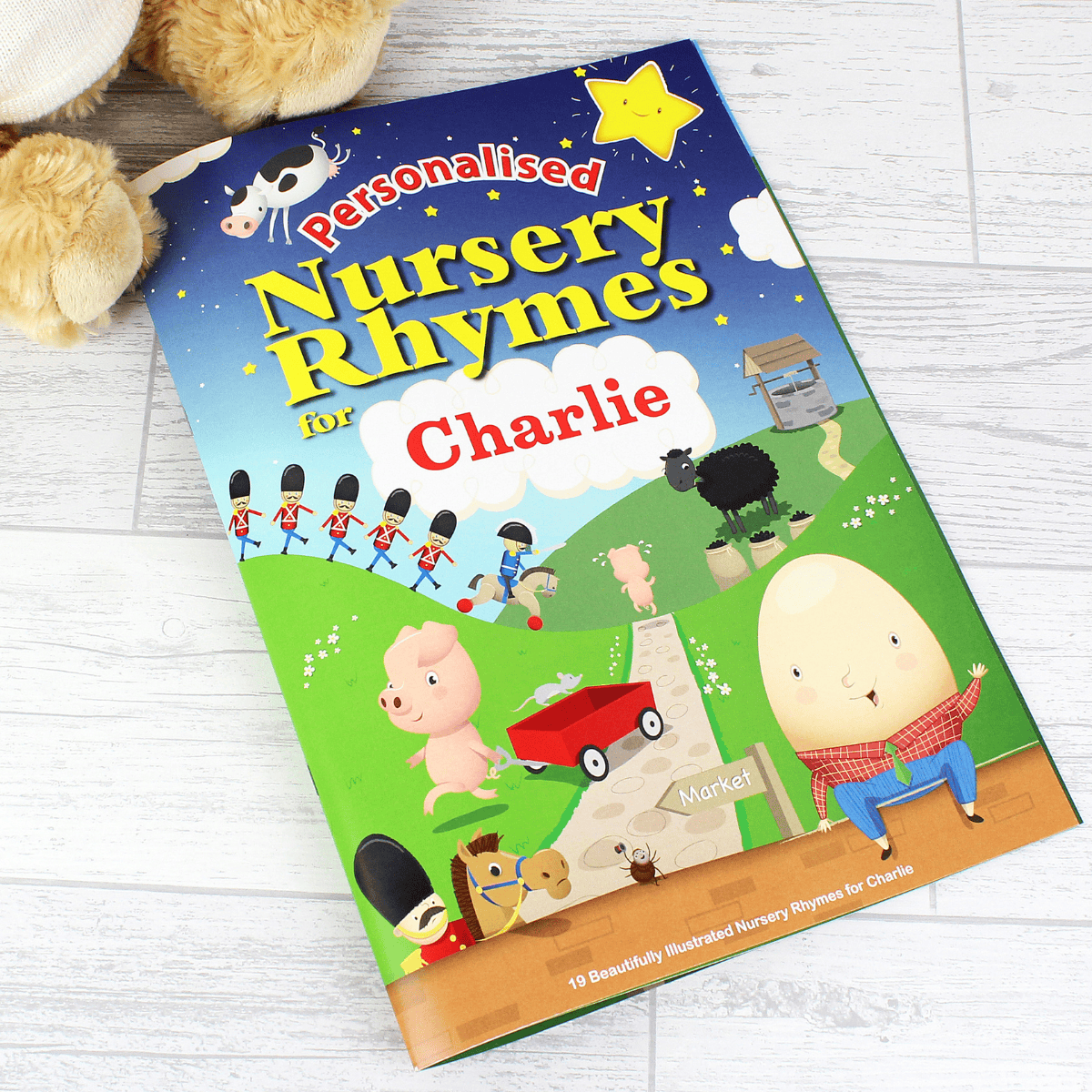 personalised nursery rhyme children's book showing the child's name on the front cover