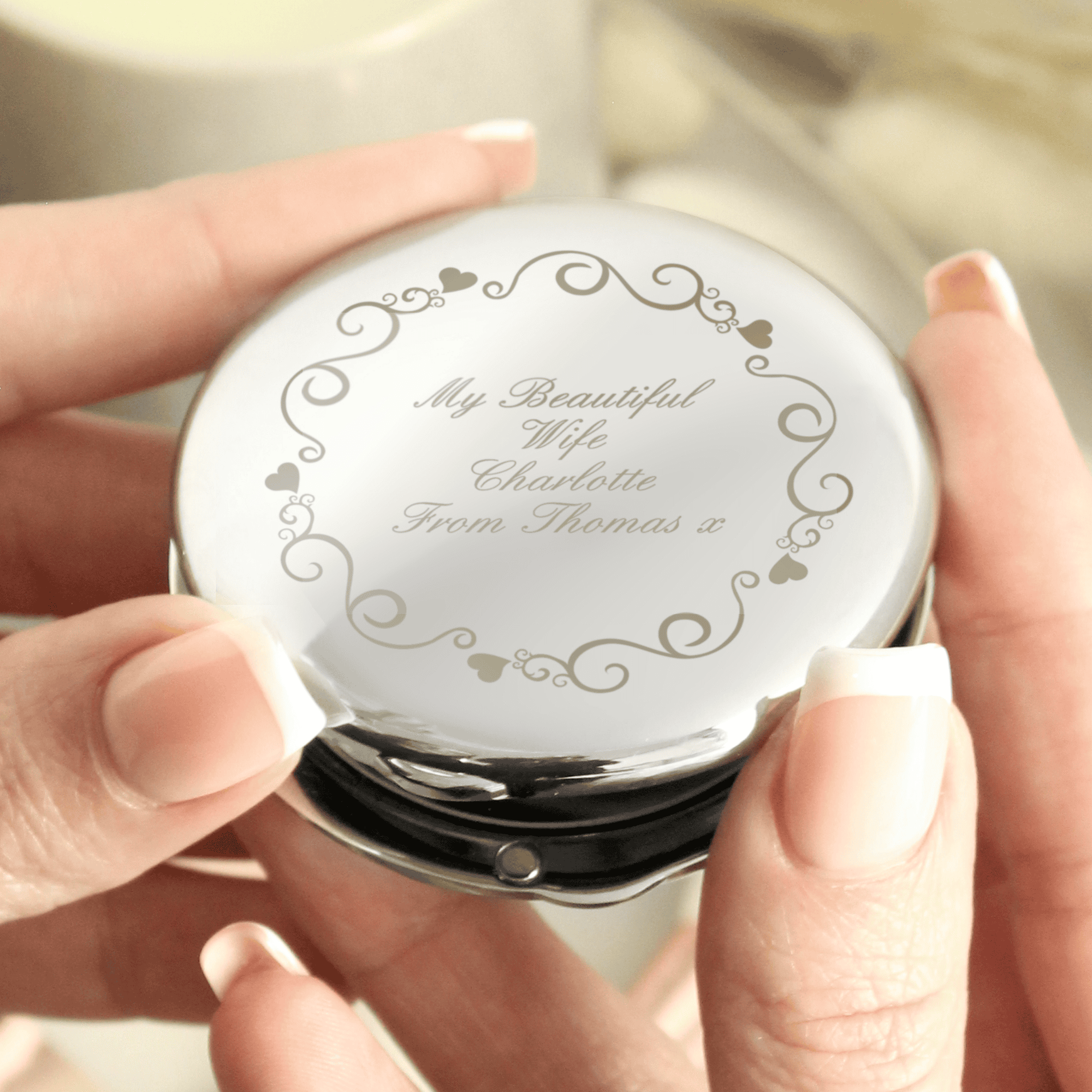 personalised ornate heart compact mirror with any message engraved over 4 lines