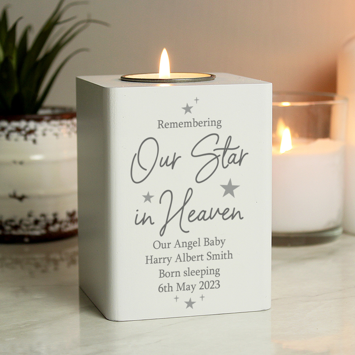 personalised our star in heaven wooden tealight holder with personalisation on the front