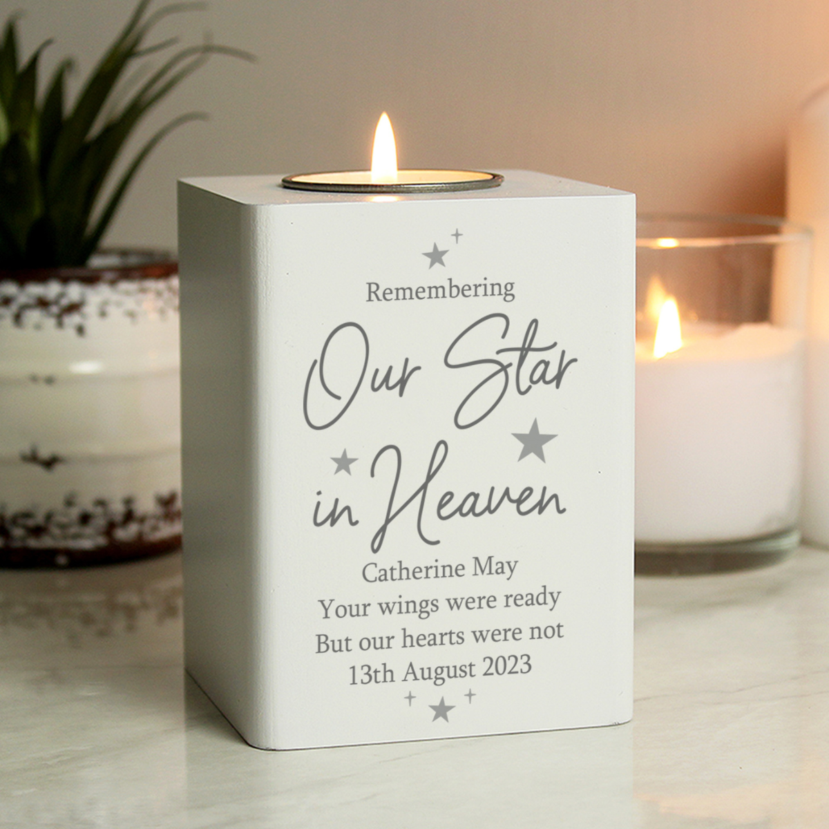 personalised our star in heaven wooden tealight holder with personalisation on the front