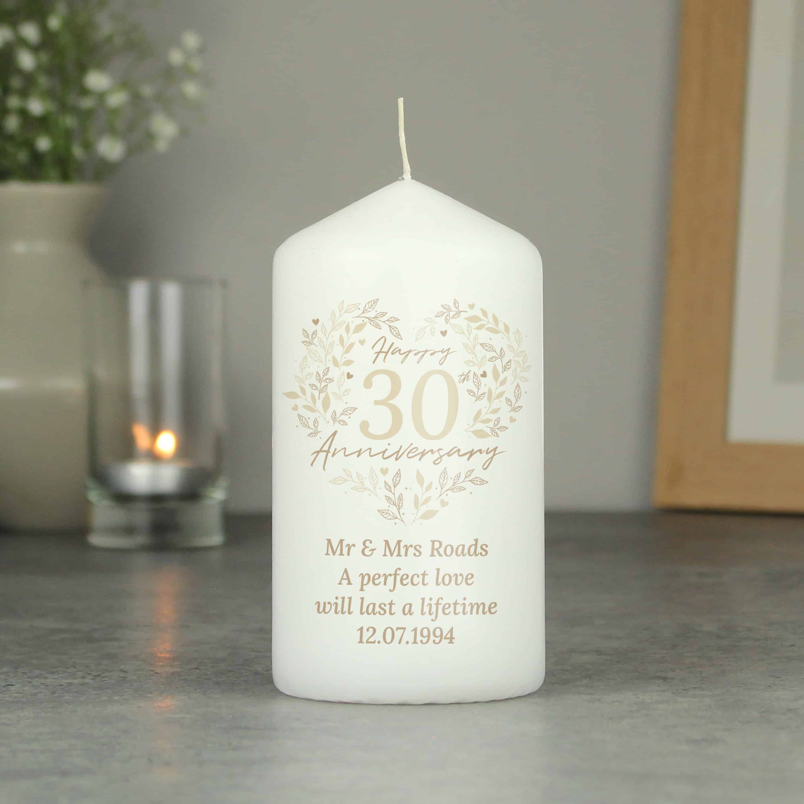 personalised pearl wedding anniversary candle with any message over 4 lines