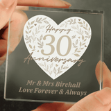 personalised pearl anniversary crystal token engraved with a message over 2 lines