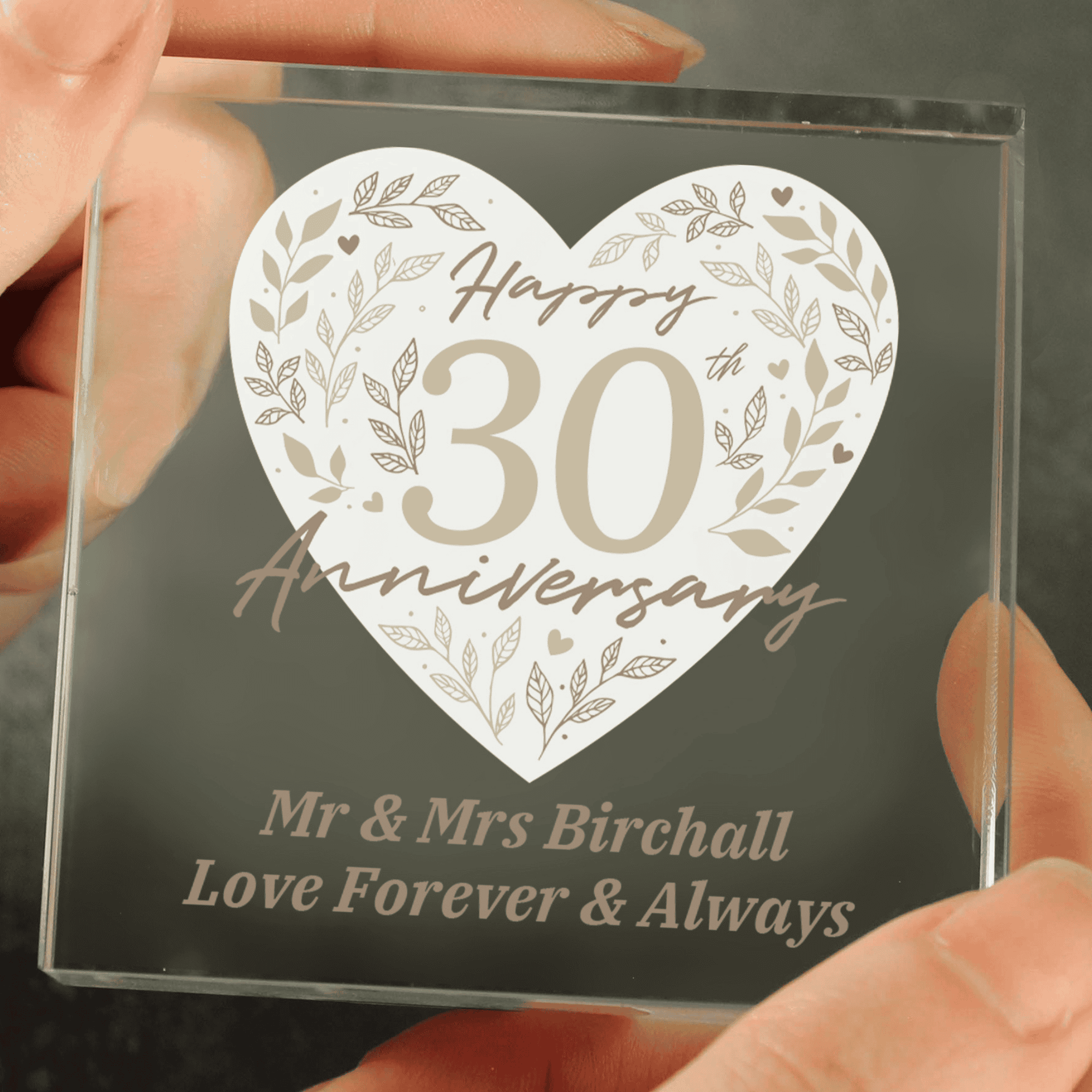 personalised pearl anniversary crystal token engraved with a message over 2 lines