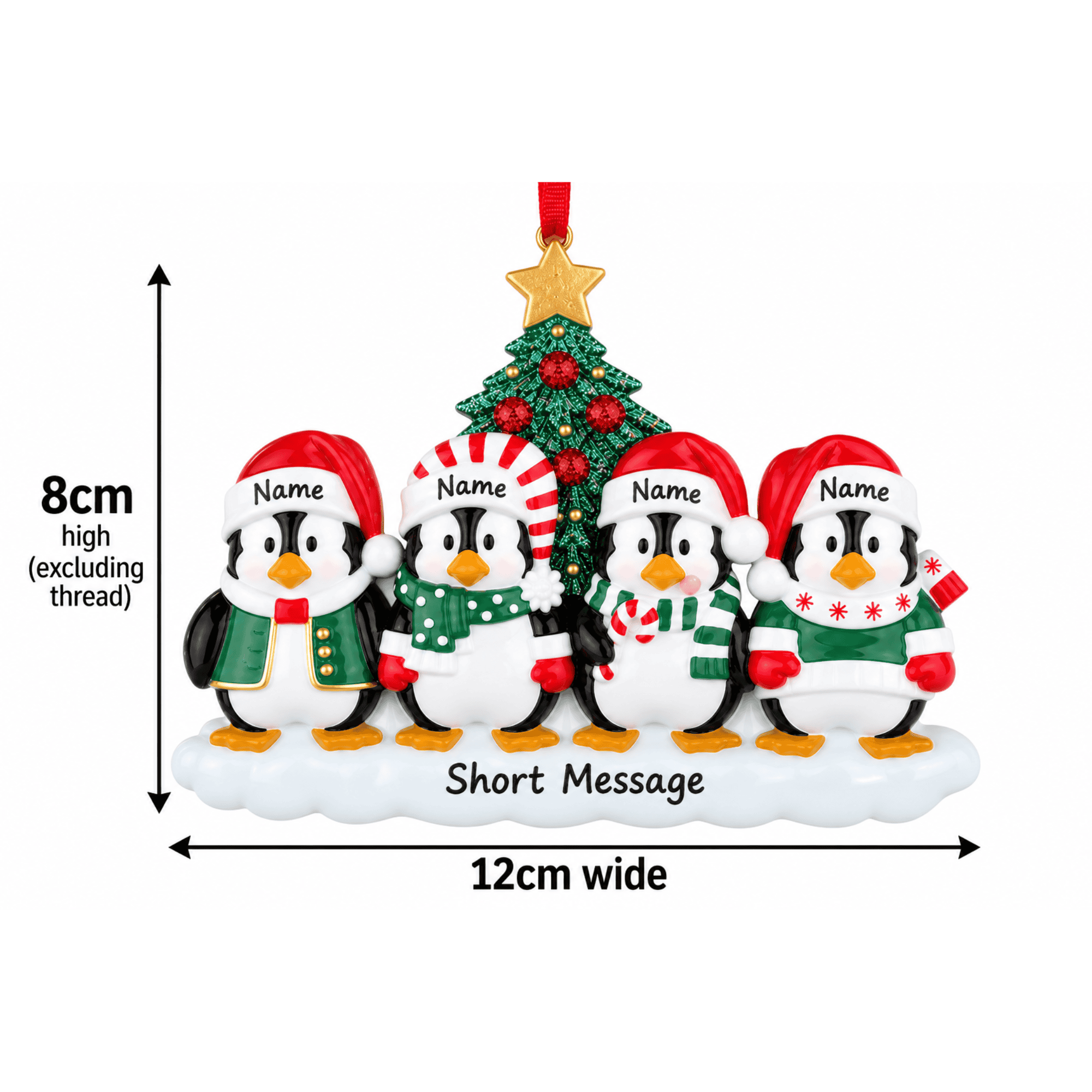 personalised penguin christmas tree decoration with names hand personalised on the hats and a short message or year written underneath