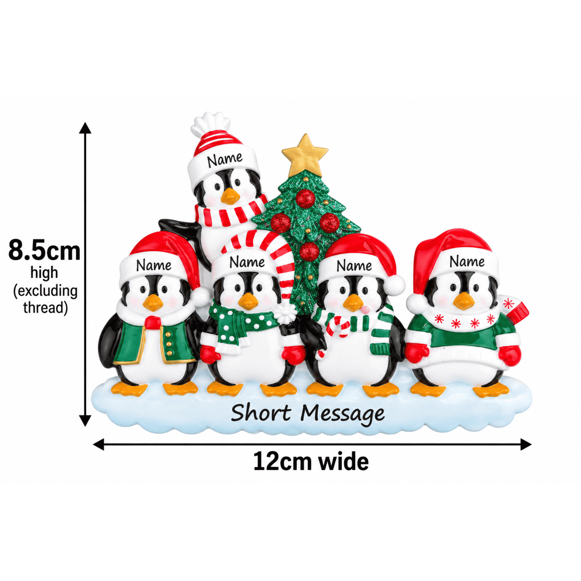 personalised penguin christmas tree decoration with names hand personalised on the hats and a short message or year written underneath