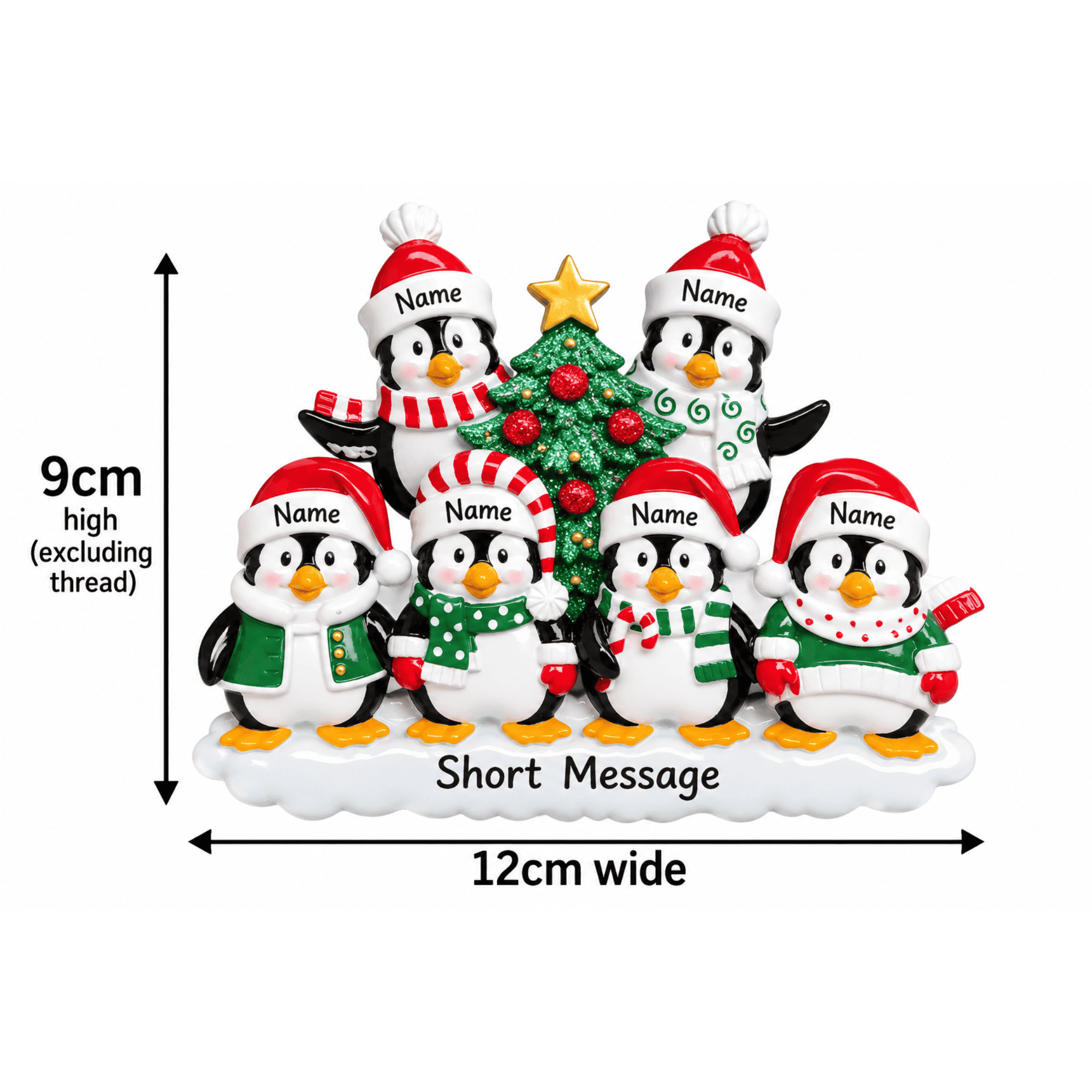 personalised penguin christmas tree decoration with names hand personalised on the hats and a short message or year written underneath
