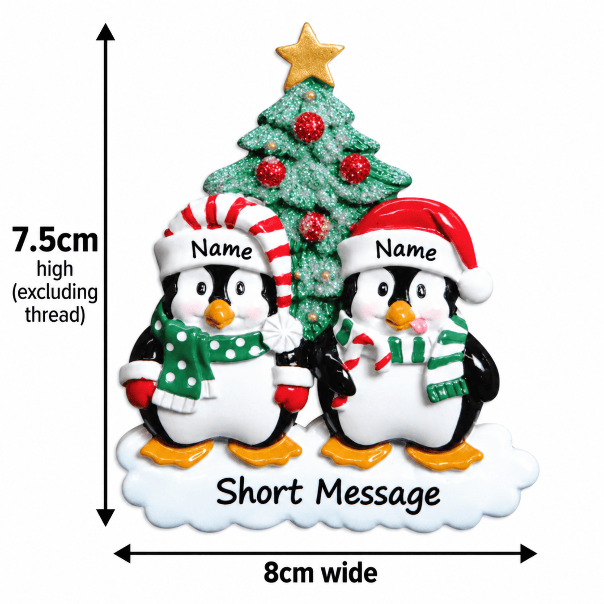 personalised penguin christmas tree decoration with names hand personalised on the hats and a short message or year written underneath