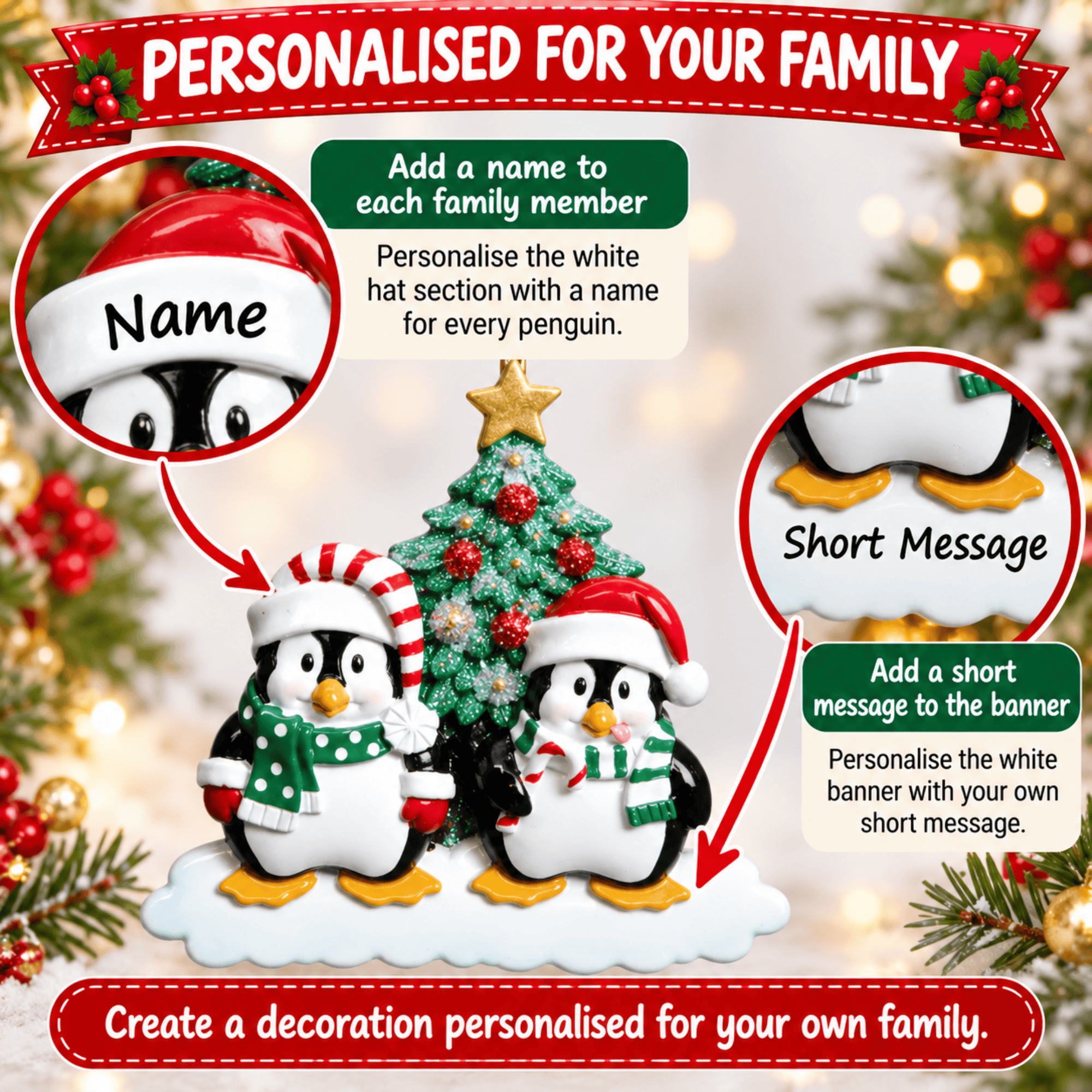 personalised penguin christmas tree decoration with names hand personalised on the hats and a short message or year written underneath