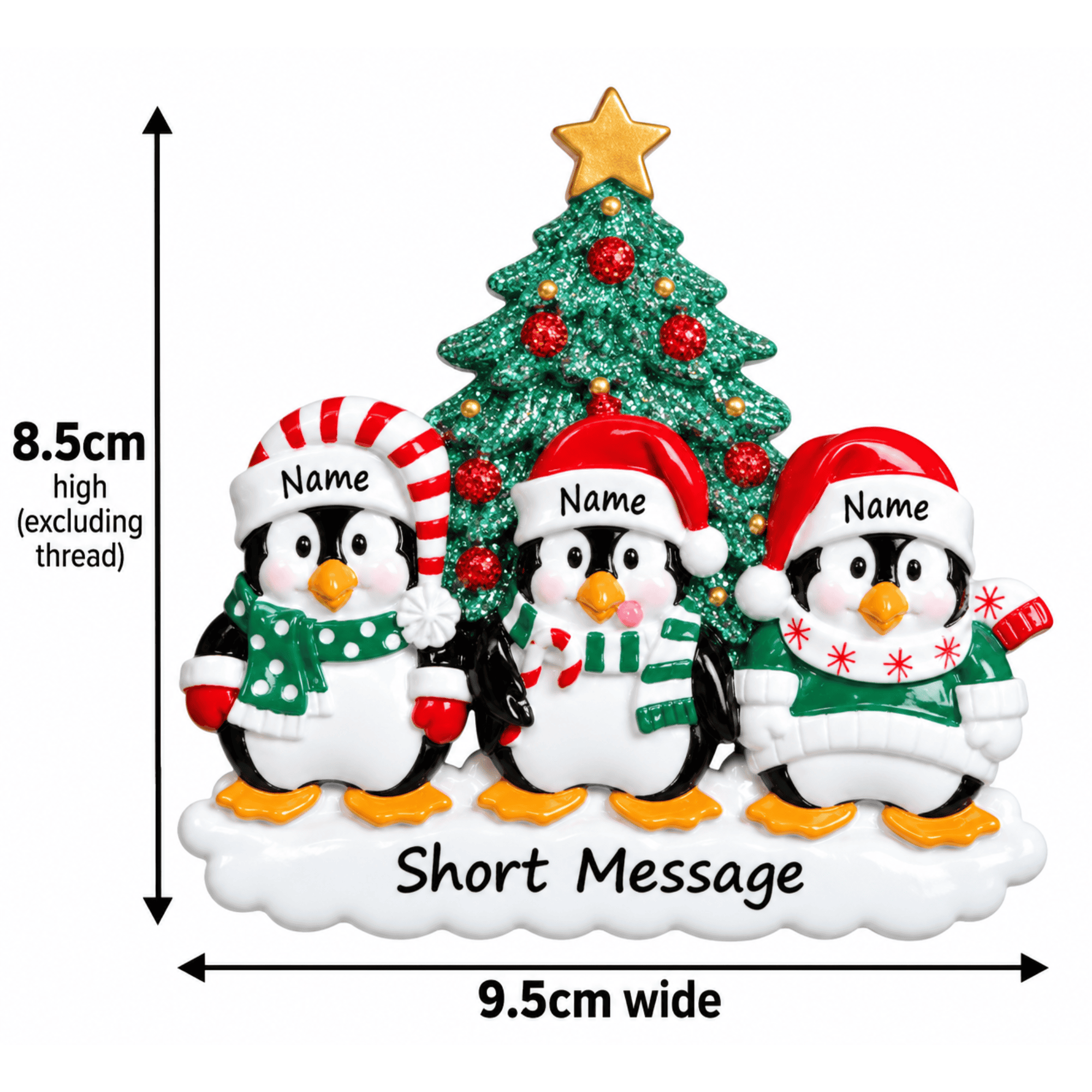 personalised penguin christmas tree decoration with names hand personalised on the hats and a short message or year written underneath