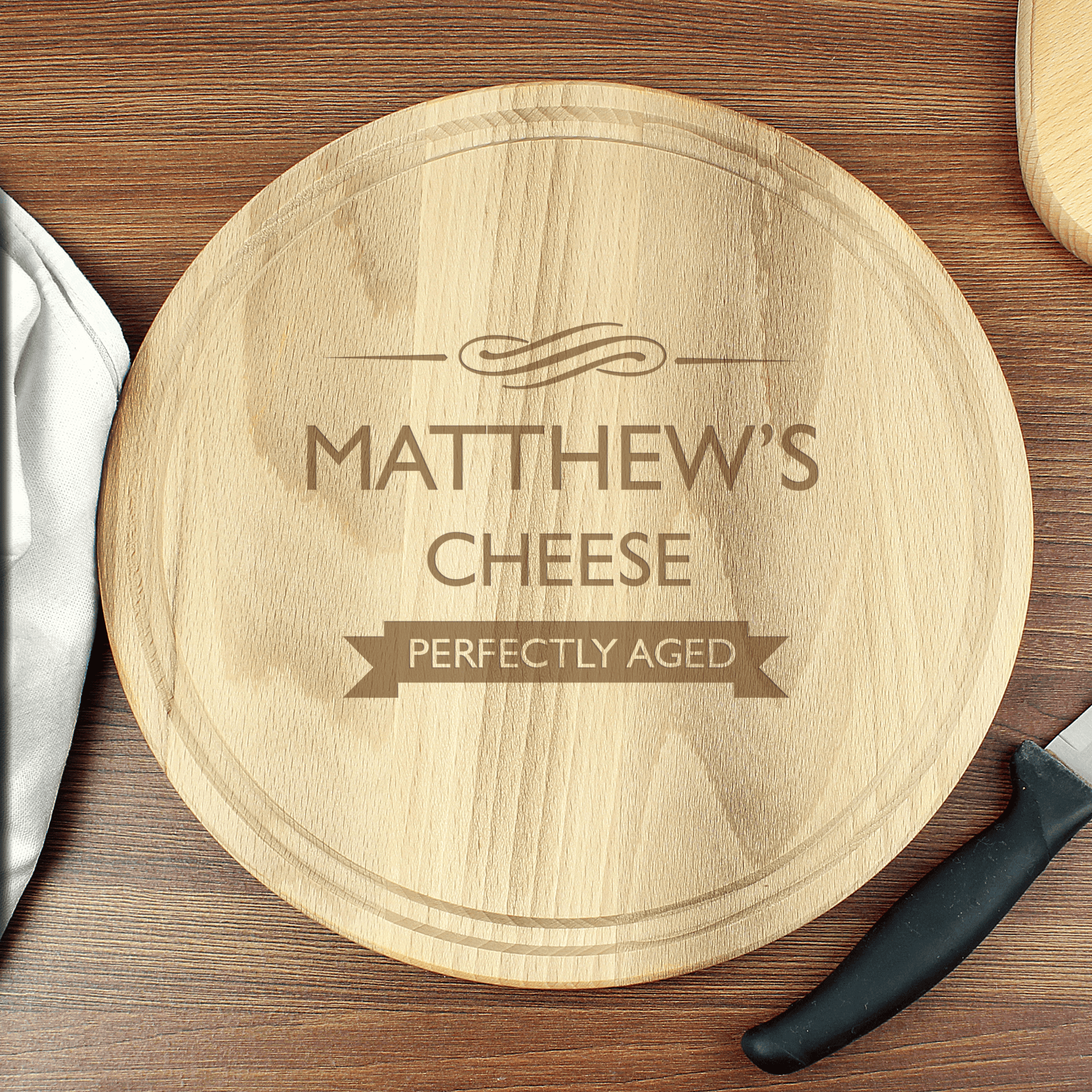 perfectly aged wooden round chopping board