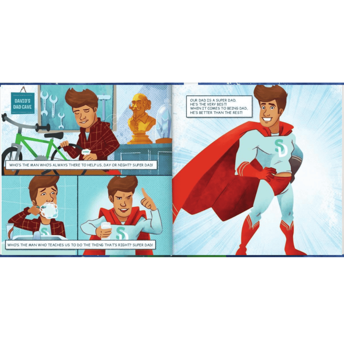 inside pages of the illustrated cartoon book super dad personalised the way you want