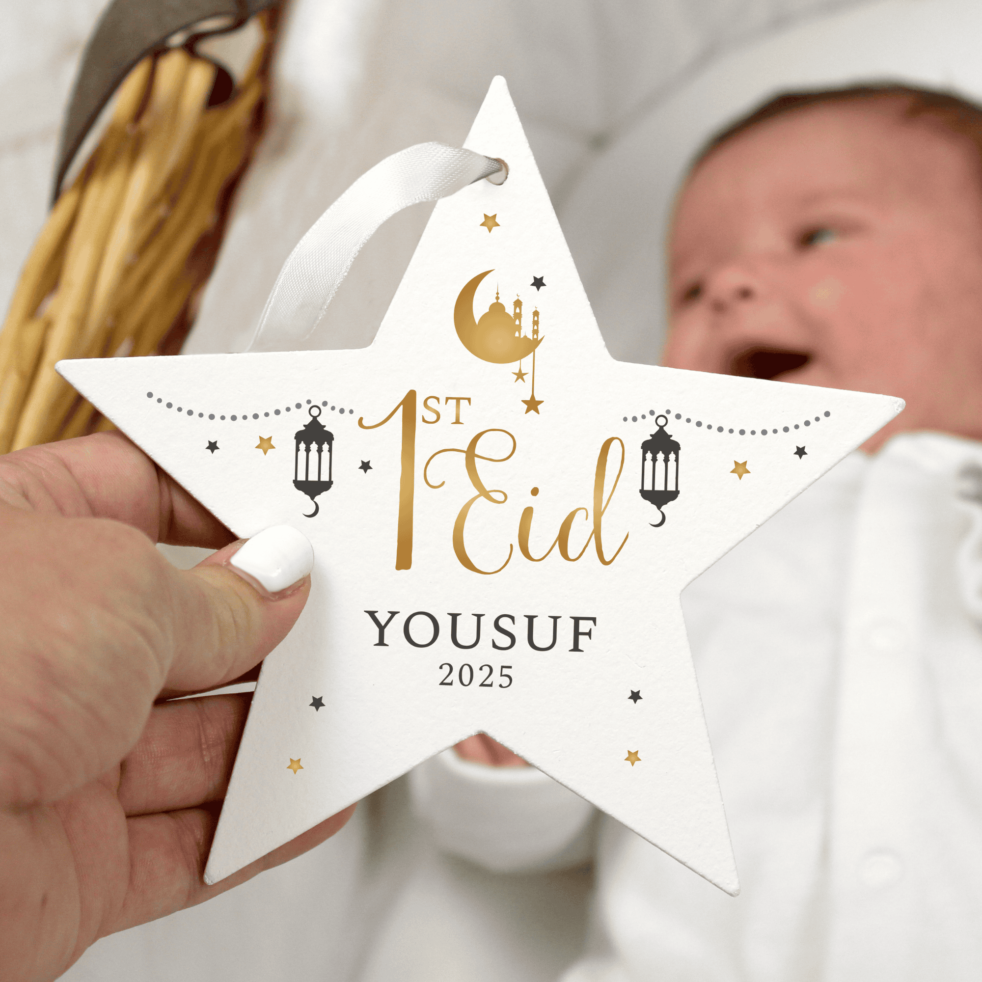 personalised 1st Eid wooden sign in a star decoration