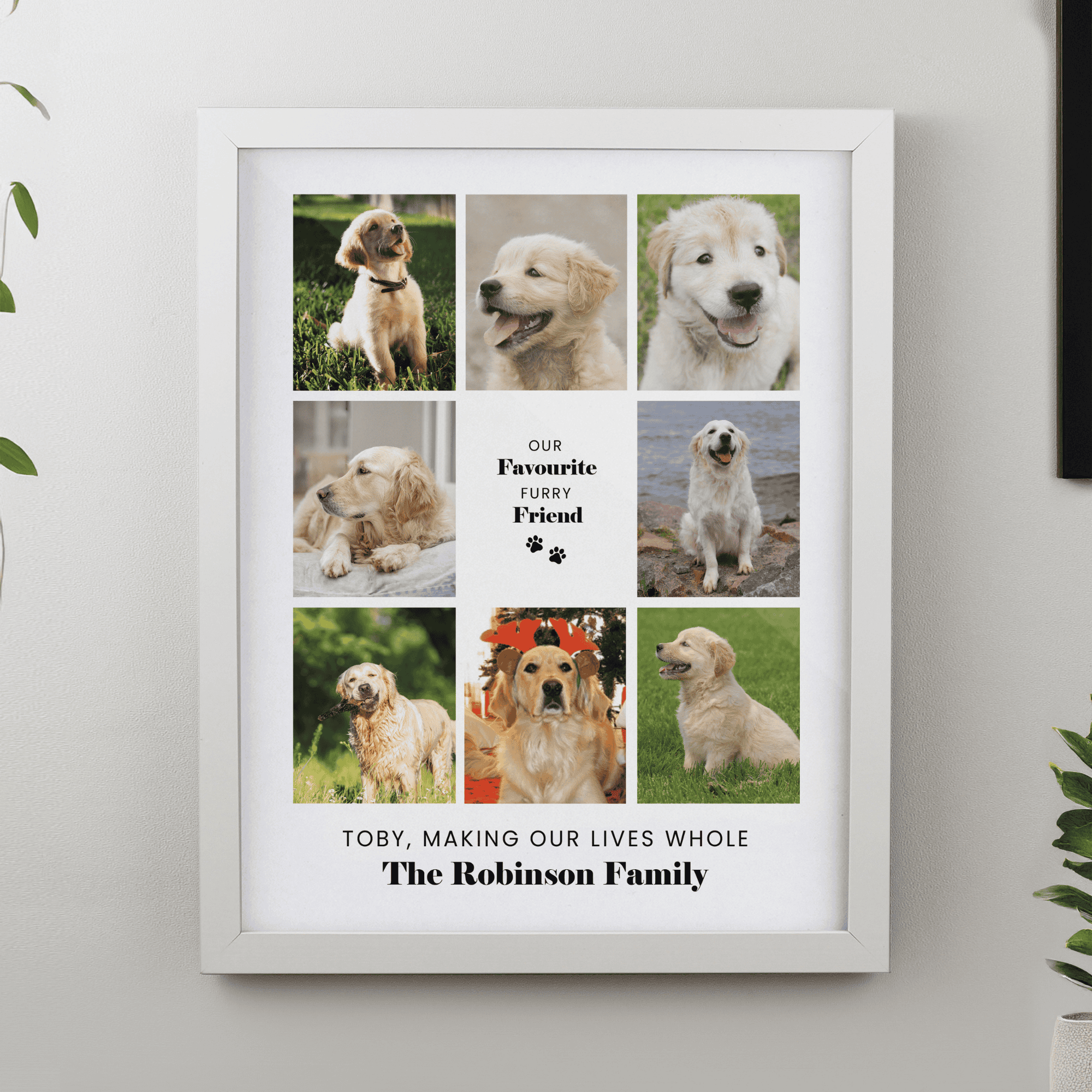 personalised white frame multi photo collage with space for 8 photos.