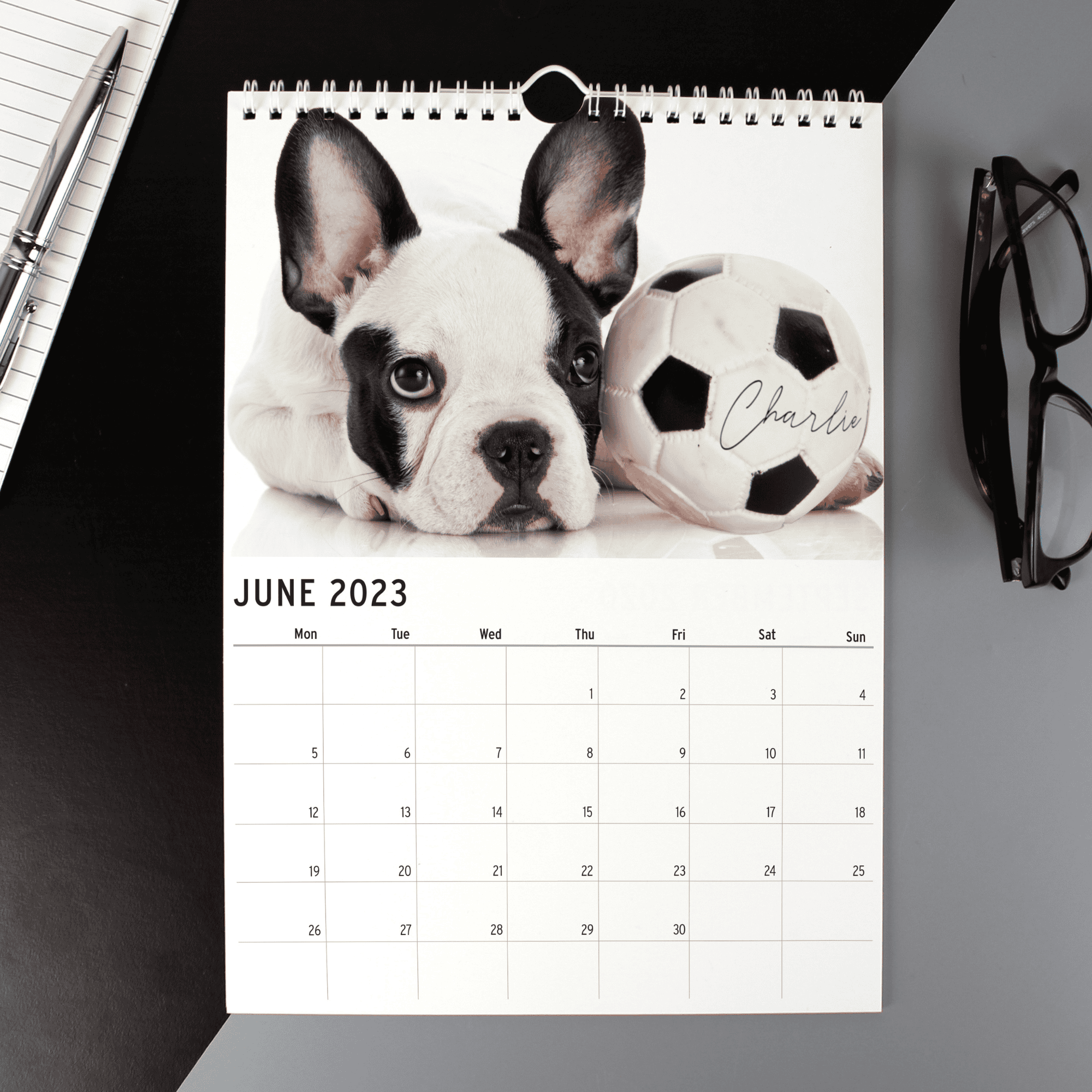 personalised a4 dog wall calendar with any name personalised on each month