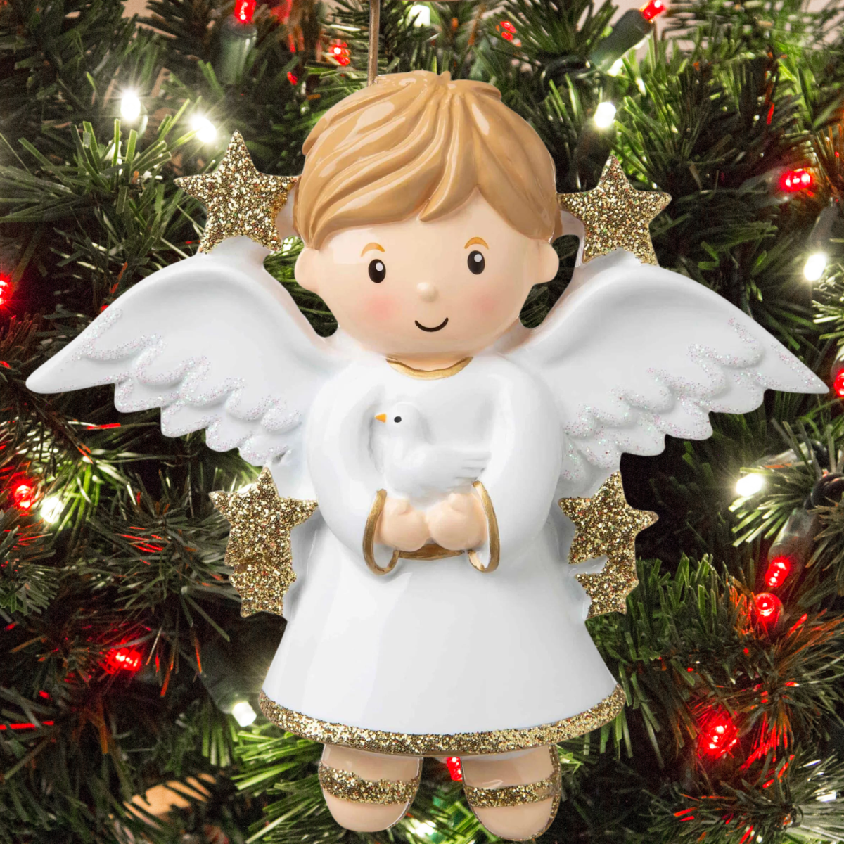personalised angel boy christmas tree decoration on a christmas background