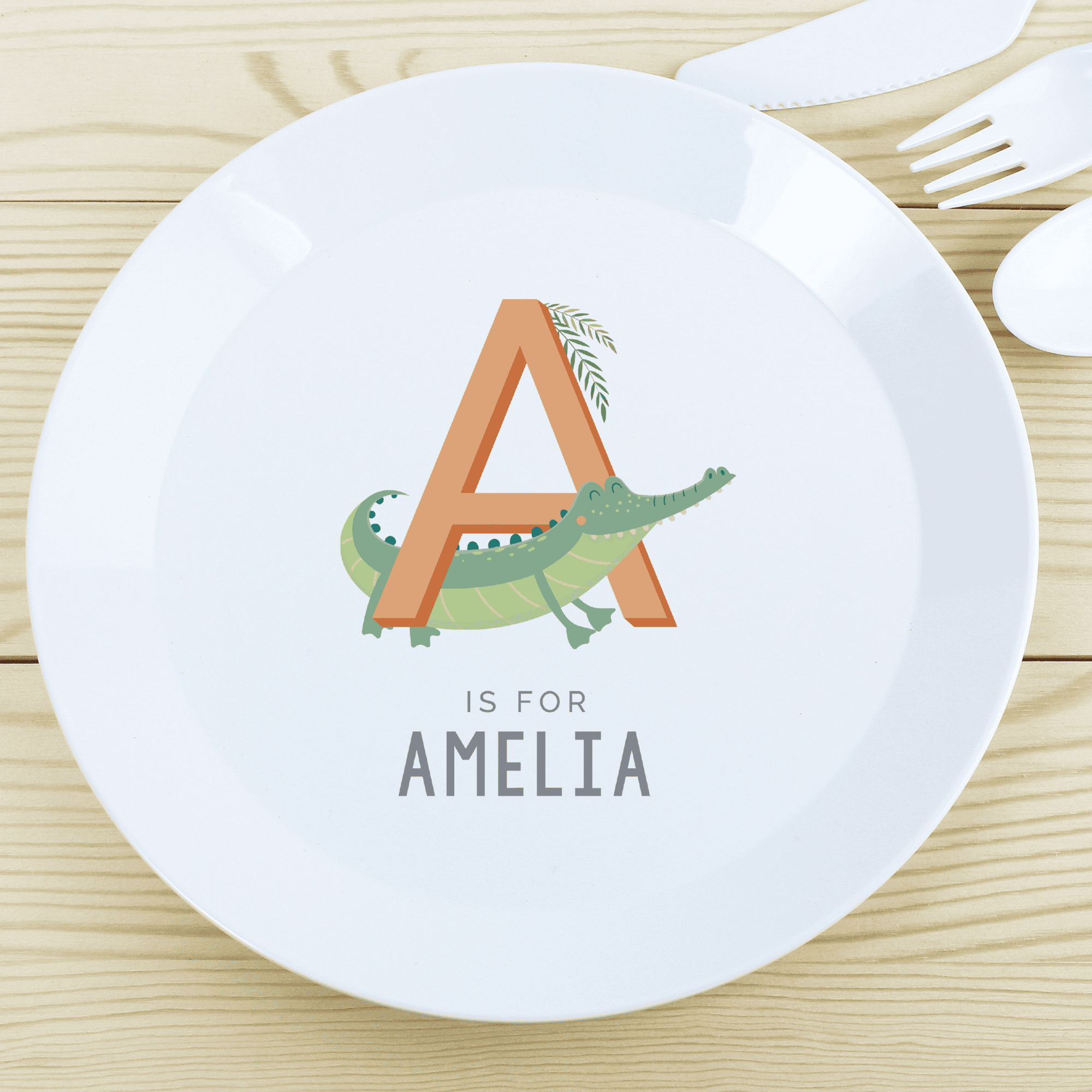 personalised plastic toddler plate with any name and initial on the centre of the plate