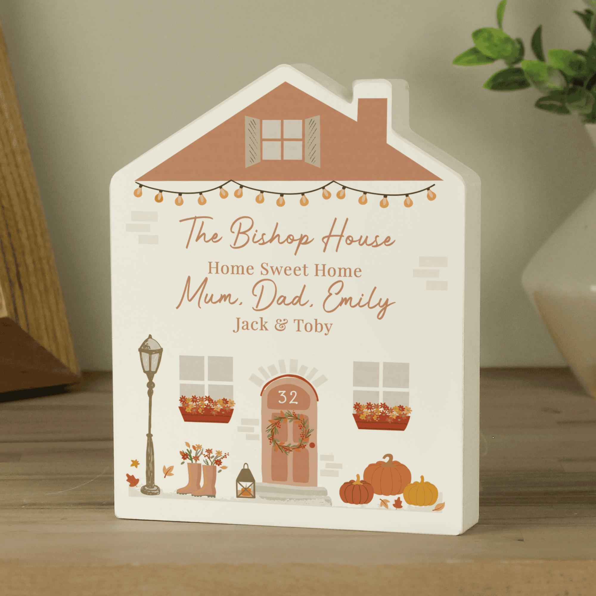 personalised wooden autumnal house ornament with any house number and message over 4 lines