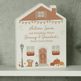 personalised wooden autumnal house ornament with any house number and message over 4 lines