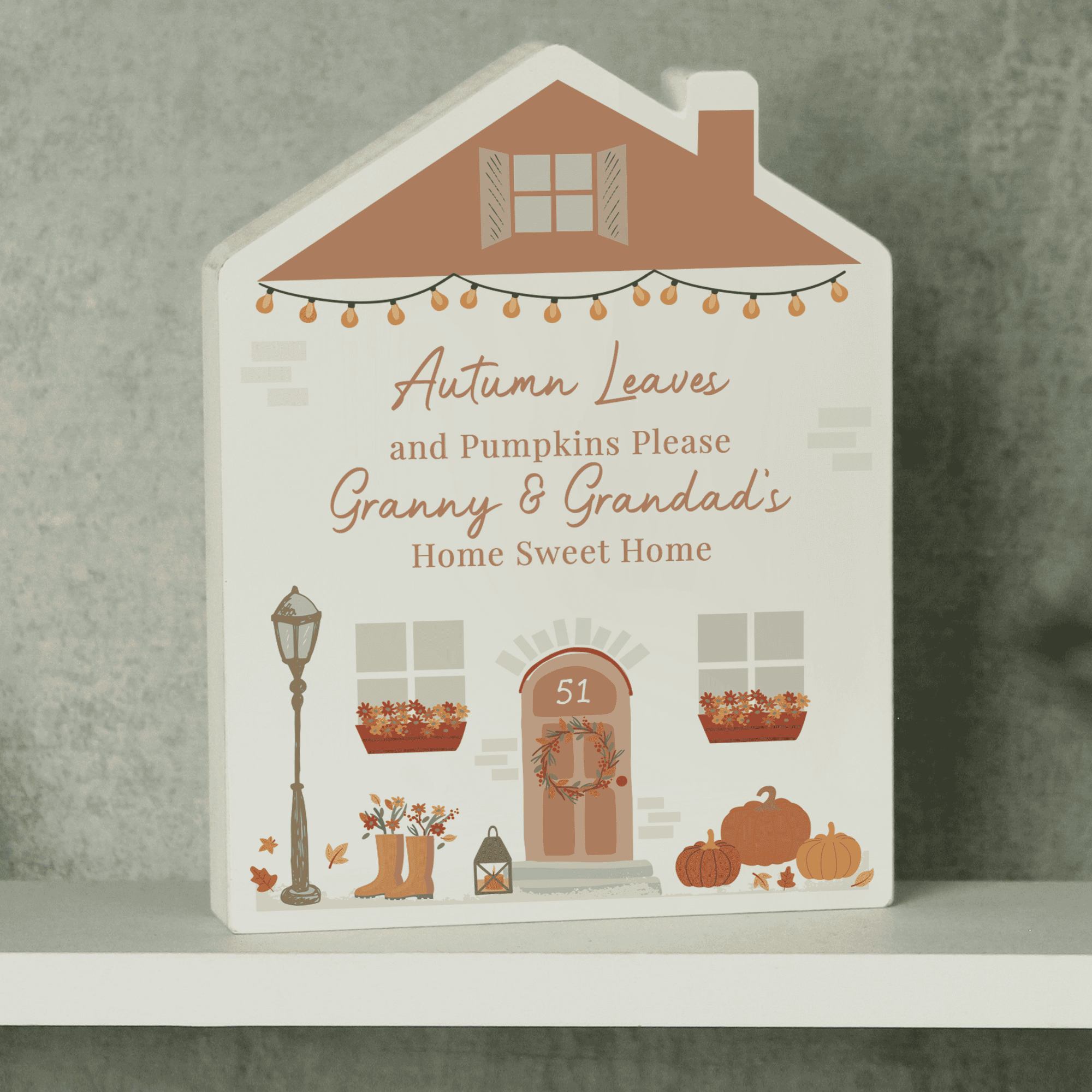 personalised wooden autumnal house ornament with any house number and message over 4 lines