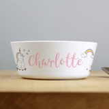 personalised baby unicorn plastic bowl with any name personalised on the side of the bowl 