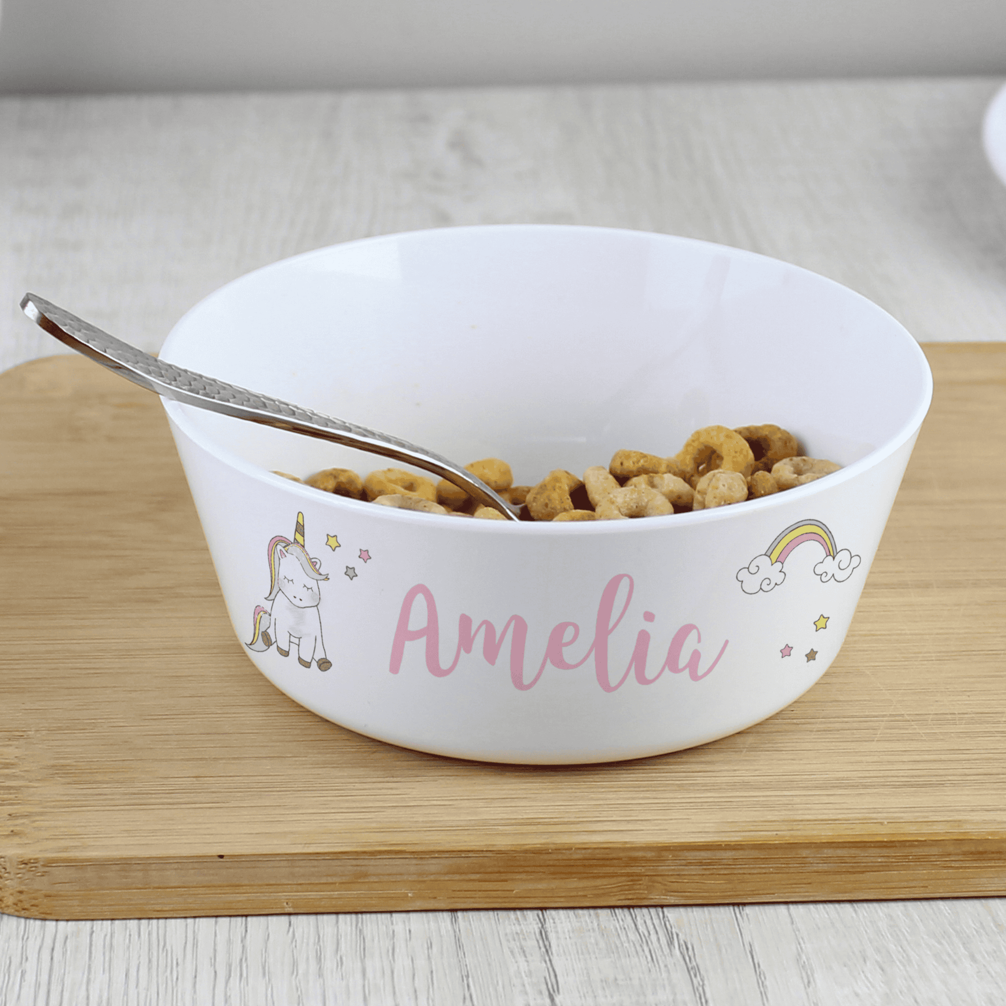 personalised baby unicorn plastic bowl with any name personalised on the side of the bowl 