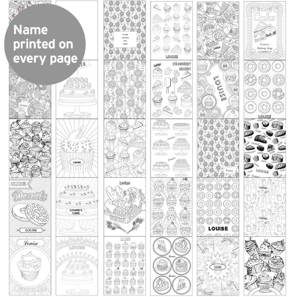 personalised colouring book showing the inside of the book with the chosen name personalised on every page