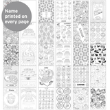 personalised colouring book showing the inside of the book with the chosen name personalised on every page
