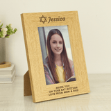 personalised wooden jewish photo frame with a name at the top beside the Star of David and a message over 3 lines below the photo