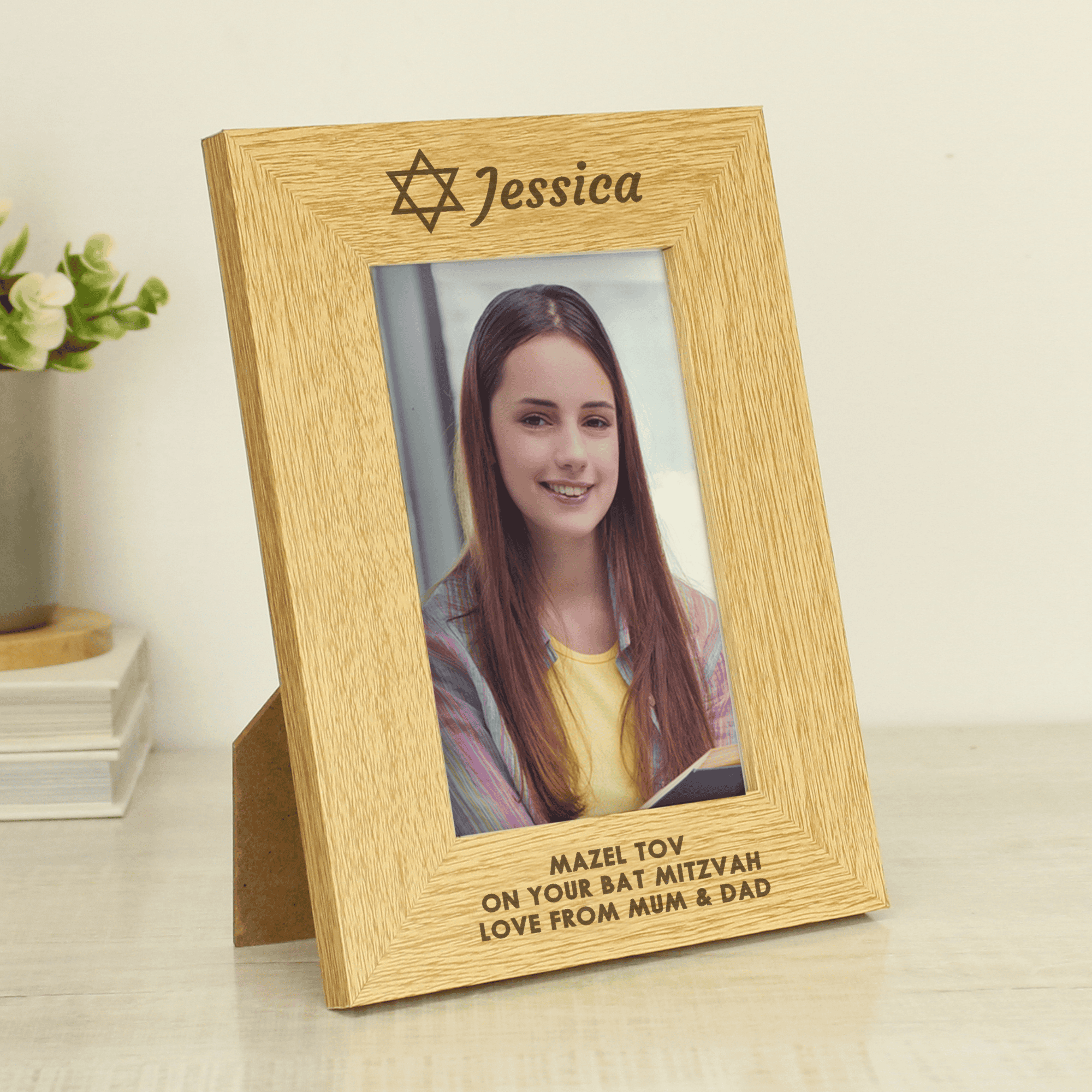 personalised wooden jewish photo frame with a name at the top beside the Star of David and a message over 3 lines below the photo