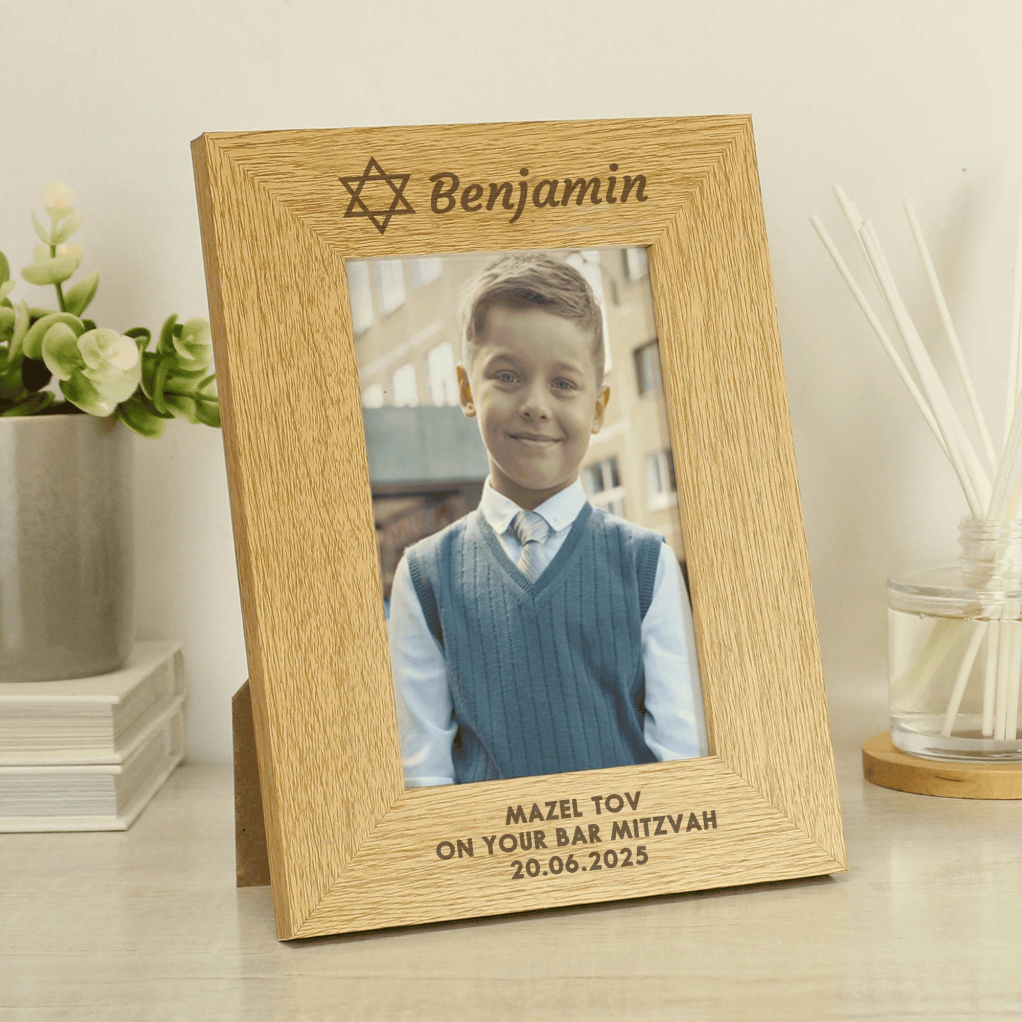 personalised wooden jewish photo frame with a name at the top beside the Star of David and a message over 3 lines below the photo