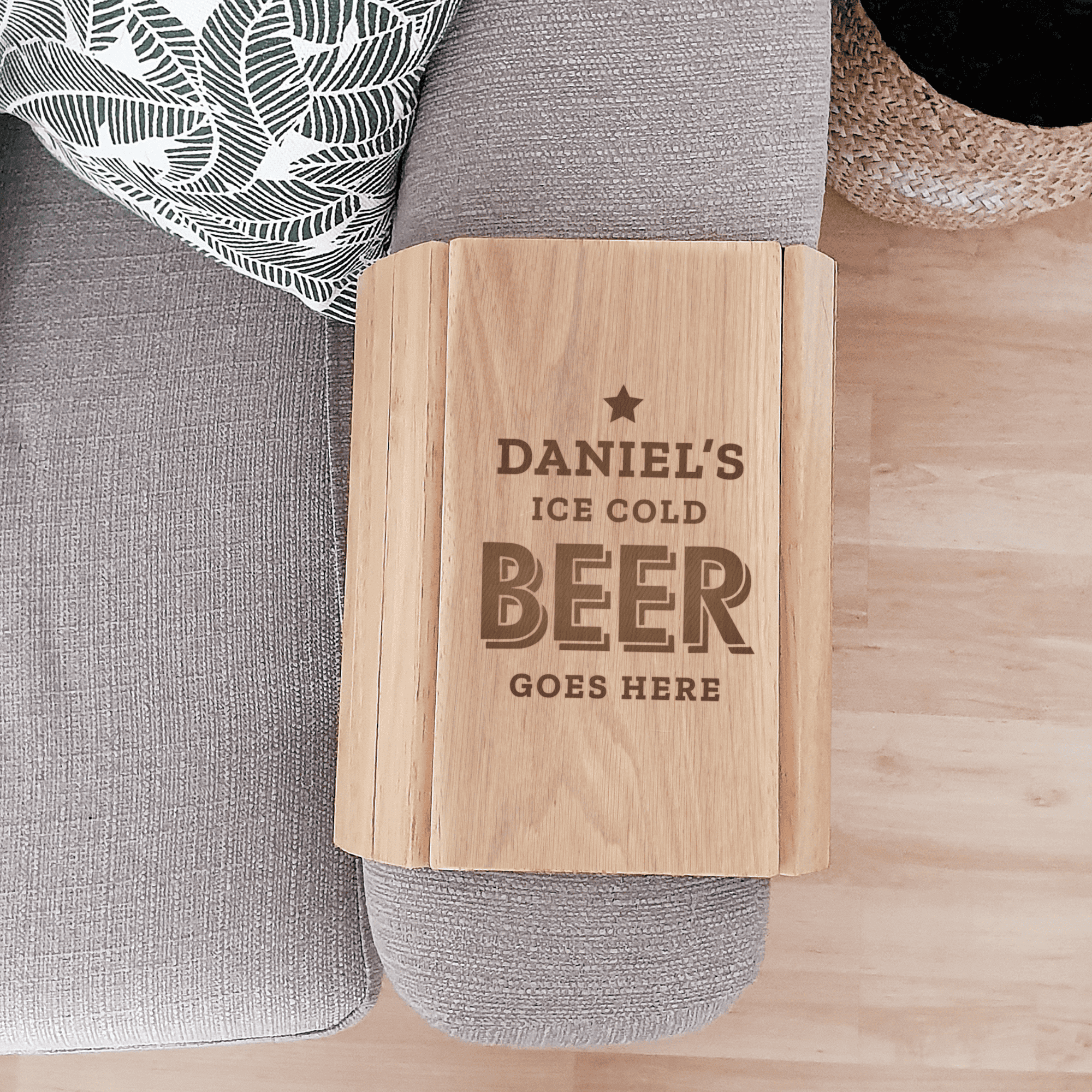 personalised beer goes here wooden sofa tray with any name on it