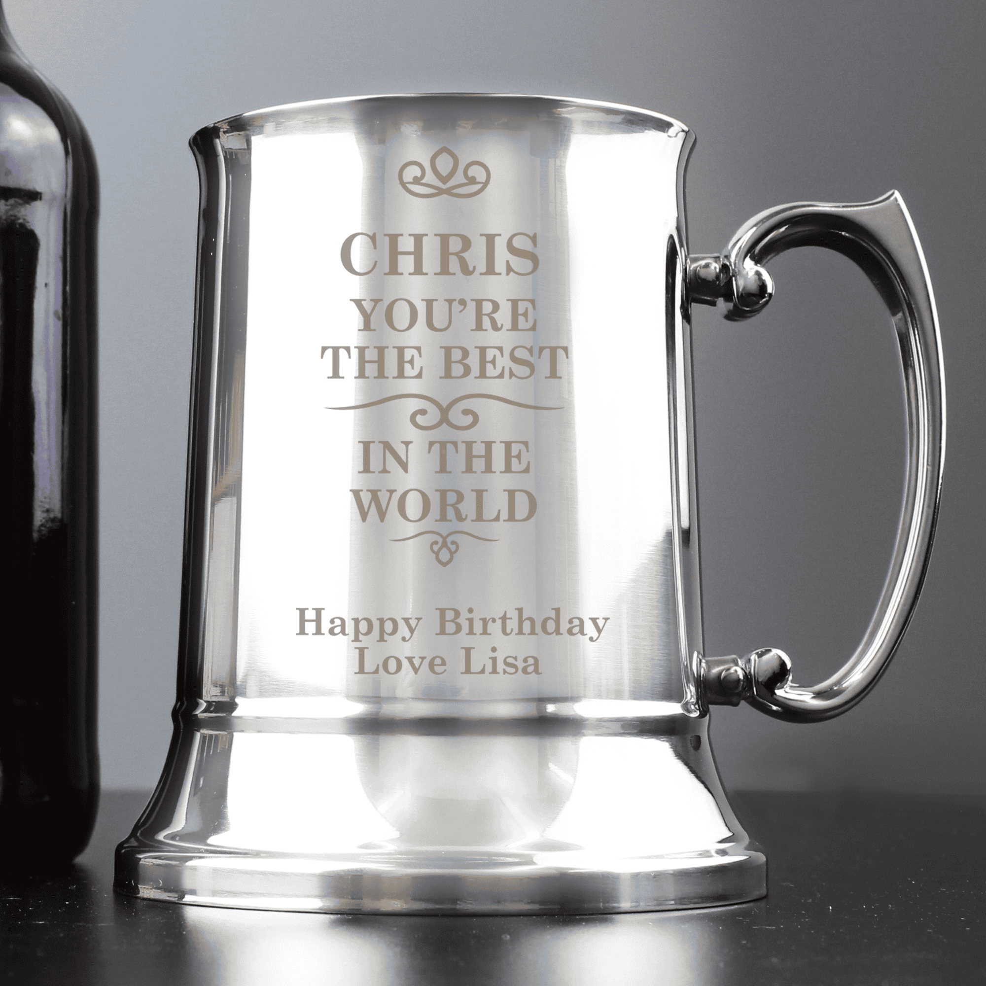 personalised best in the world steel tankard engraved with any name and message over 2 lines