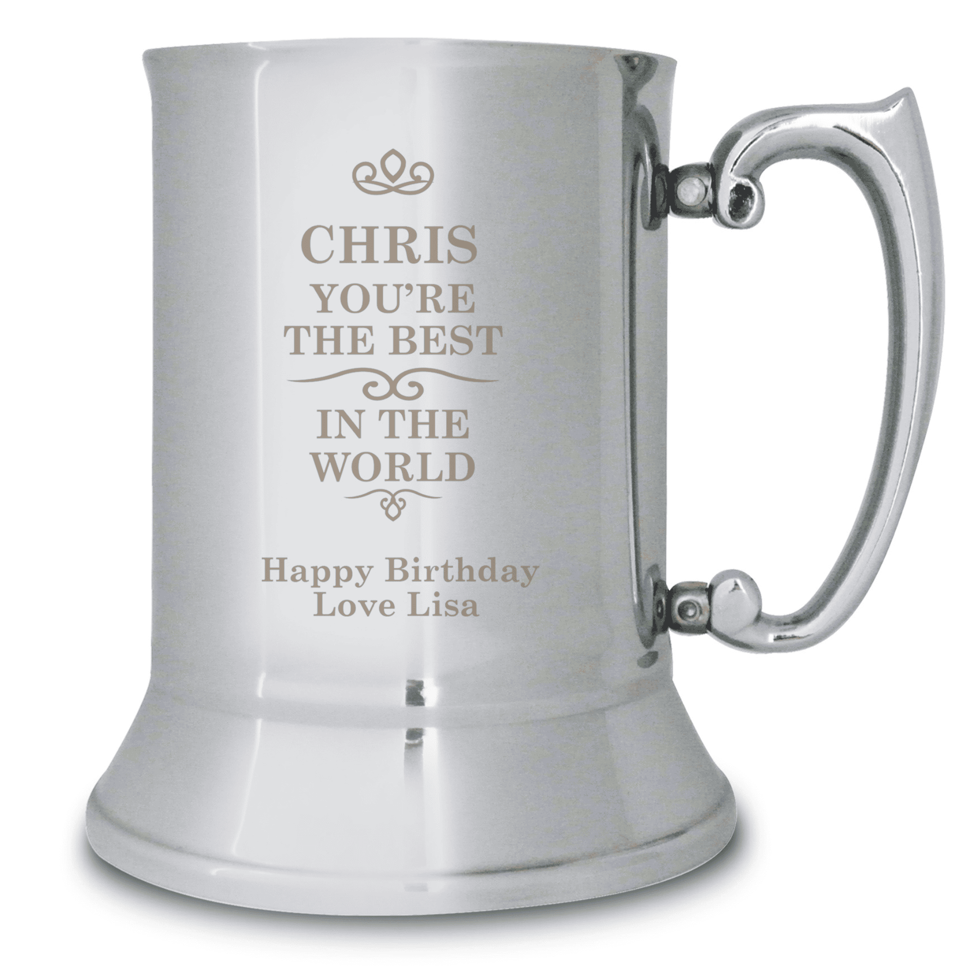 personalised best in the world steel tankard engraved with any name and message over 2 lines