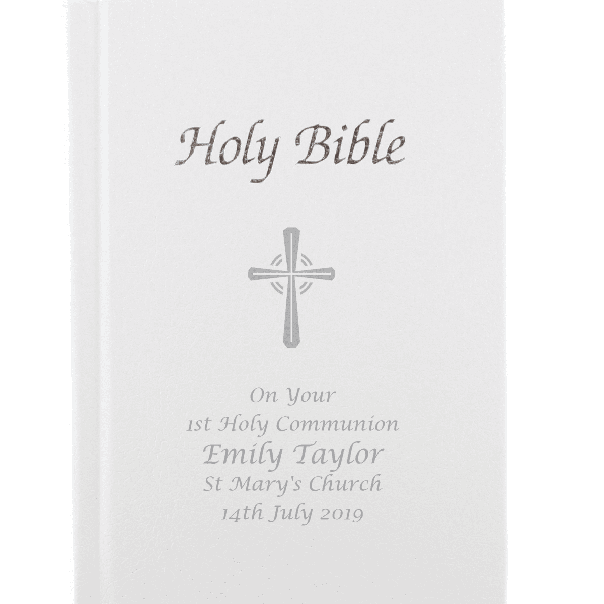 personalised holy bible with a silver cross on the front and 5 lines of personalisation underneath