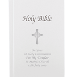 personalised holy bible with a silver cross on the front and 5 lines of personalisation underneath