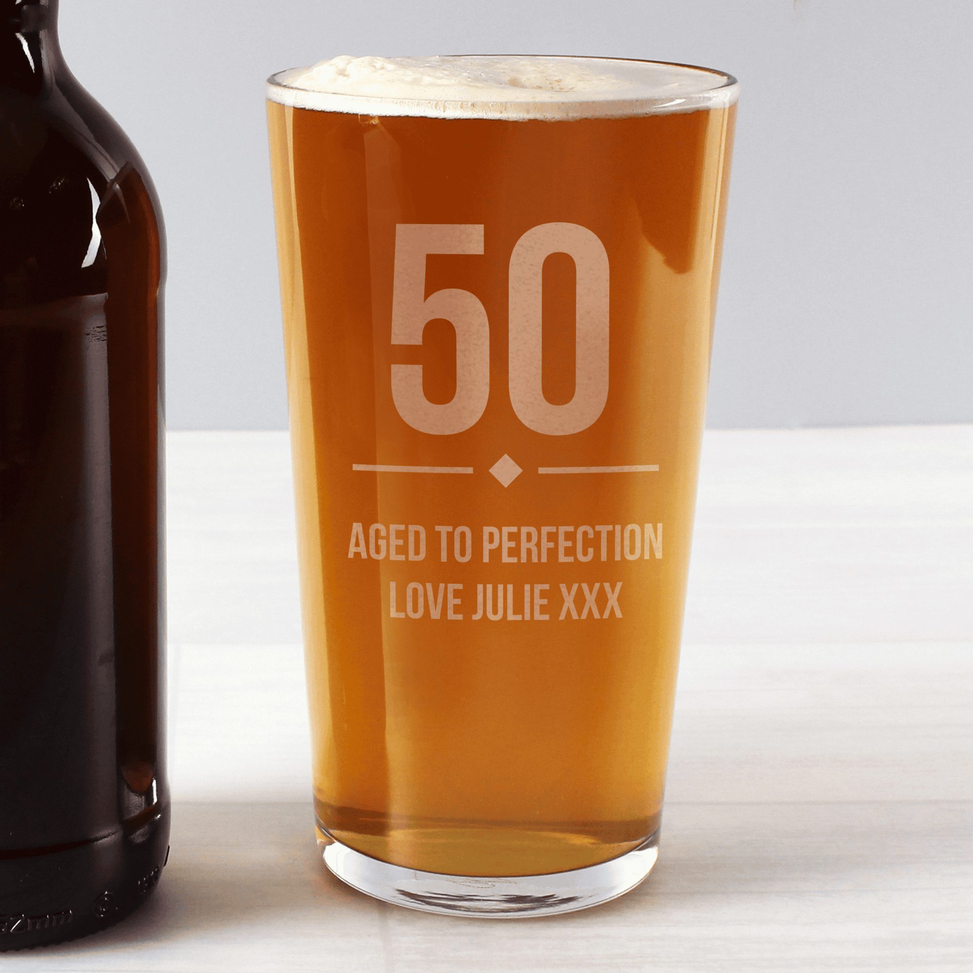 personalised big age birthday pint glass engraved with a message