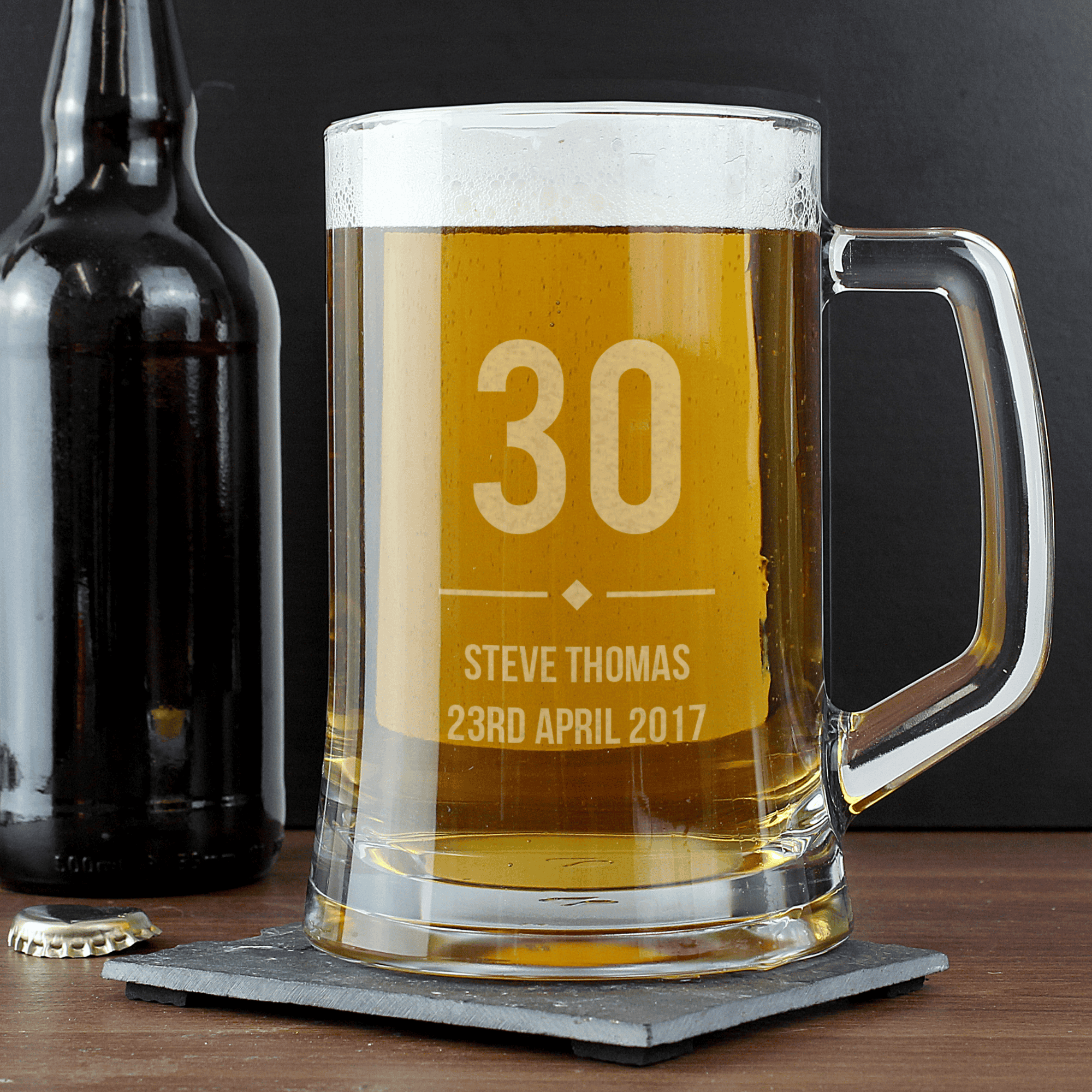 personalised big age glass stern, the age is in large font on the front with a message over 2 lines underneath