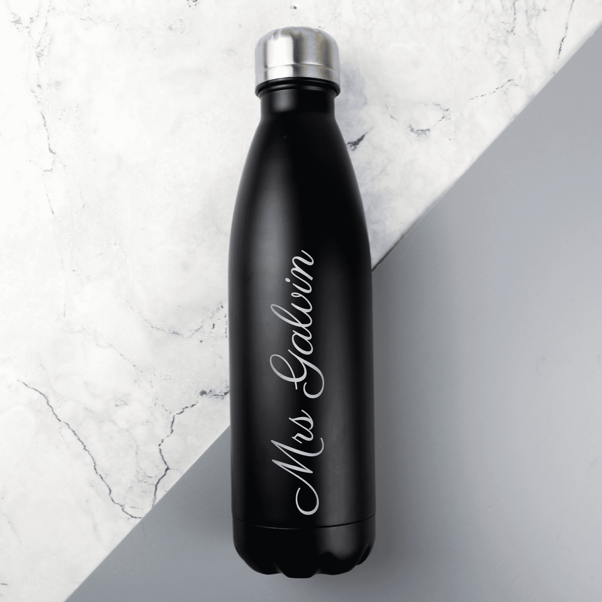 personalised black insulated drinks bottle with any name personalised it in silver writing