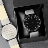 personalised black face watch with grey strap engraved with any message over 5 lines