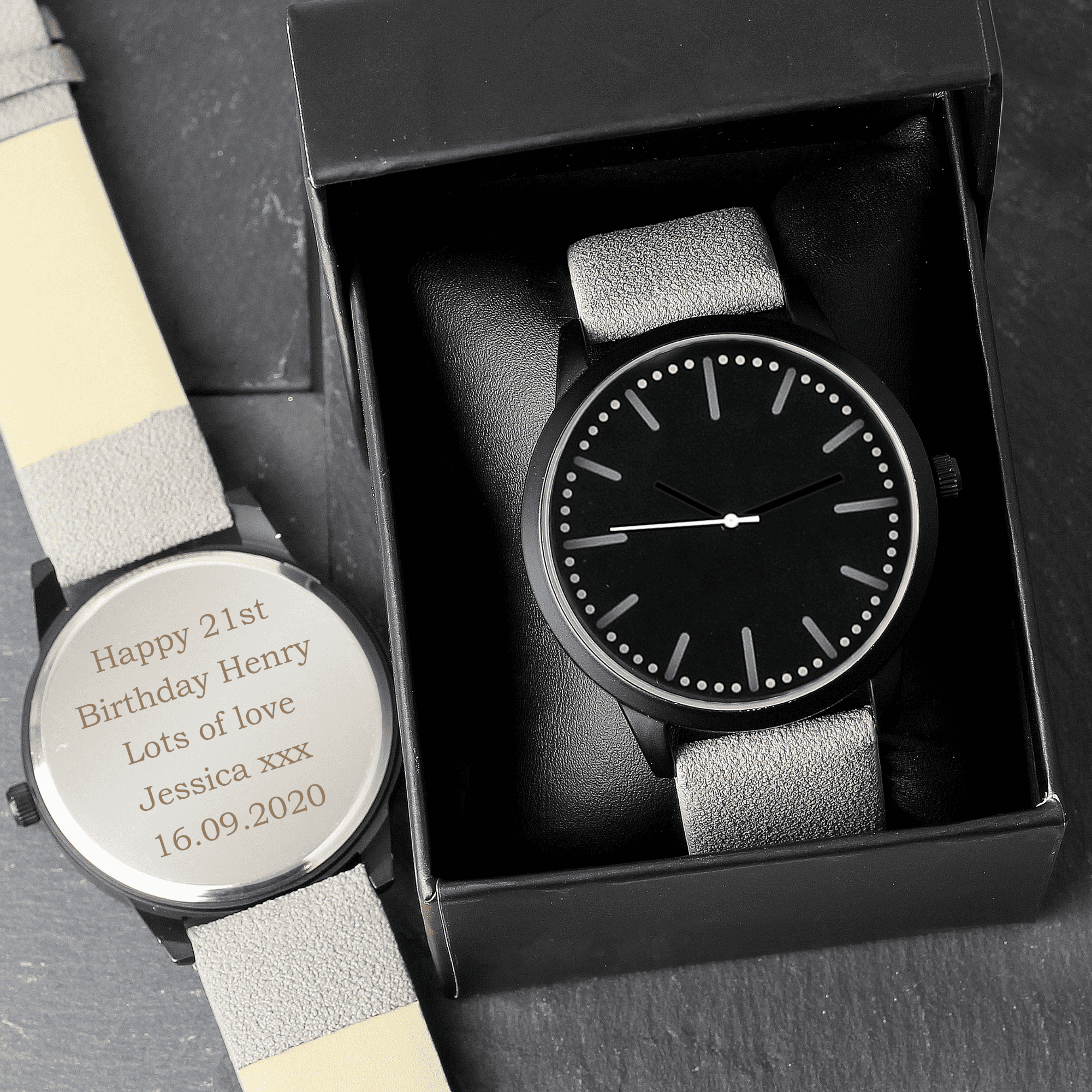 personalised black face watch with grey strap engraved with any message over 5 lines
