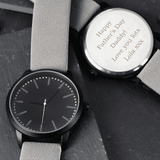 personalised black face watch with grey strap engraved with any message over 5 lines