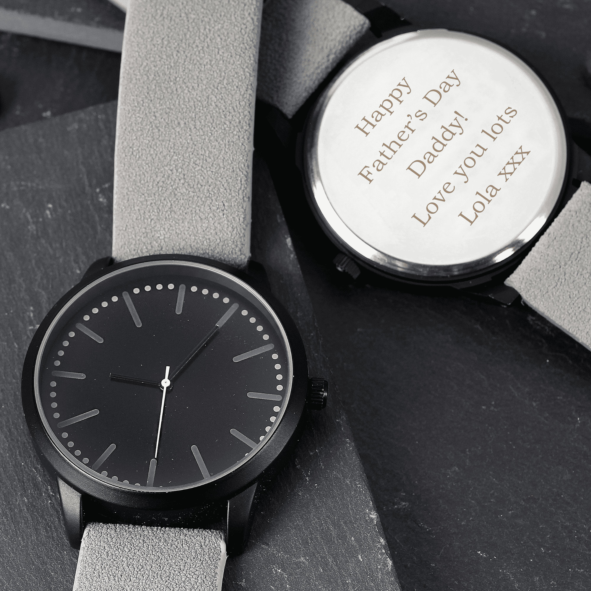 personalised black face watch with grey strap engraved with any message over 5 lines