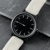 personalised black face watch with grey strap engraved with any message over 5 lines