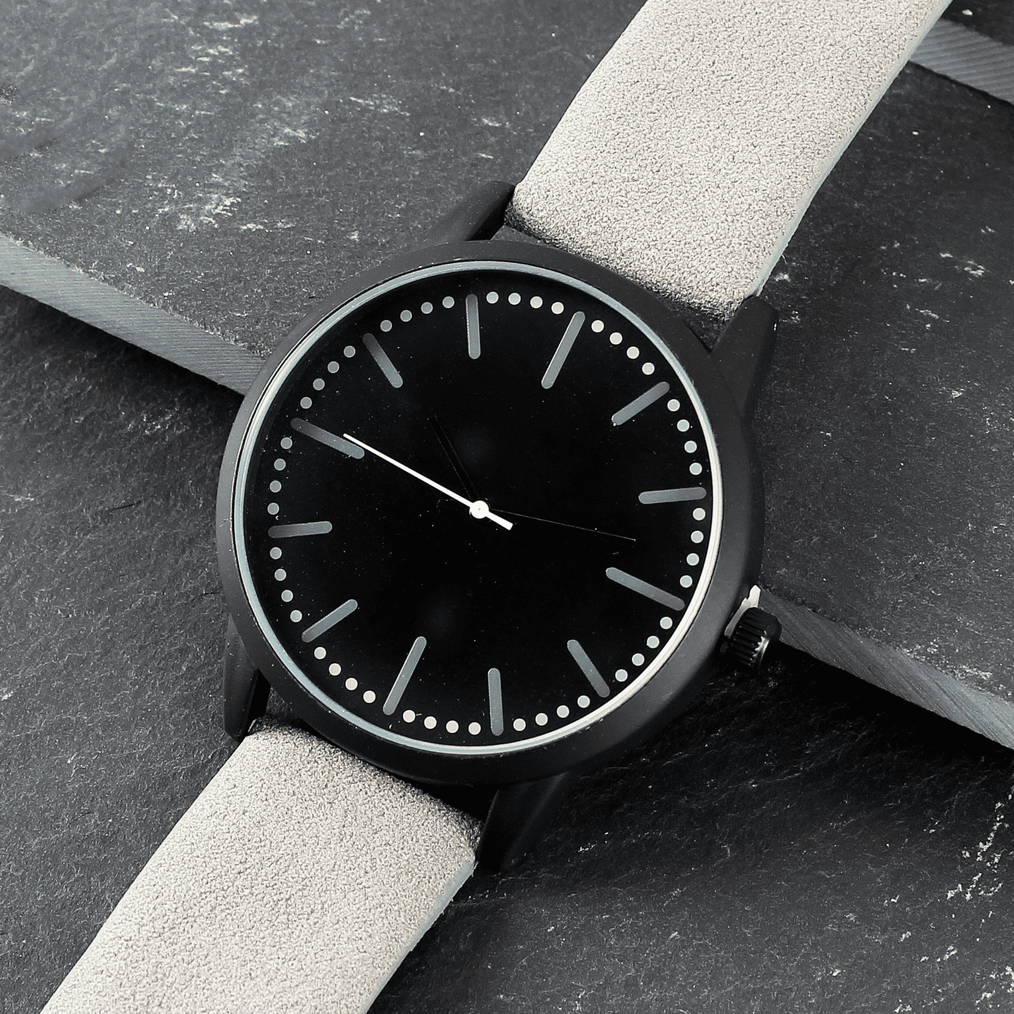 personalised black face watch with grey strap engraved with any message over 5 lines