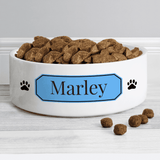 personalised ceramic pet bowl with any name on a blue plaque.